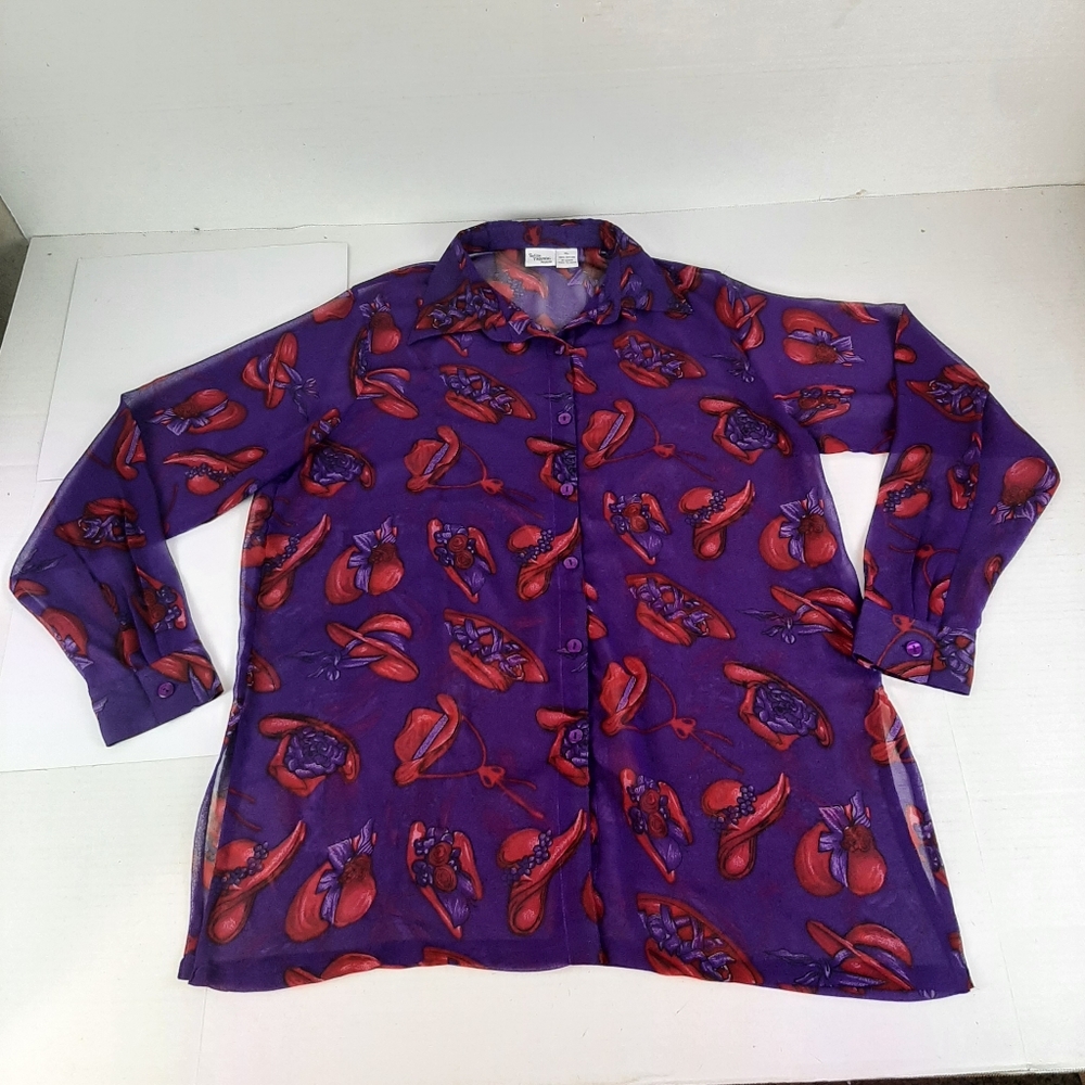 🔥Indian Tropical Fashion XL Red Hat Society Purple Sheer Button Down Blouse